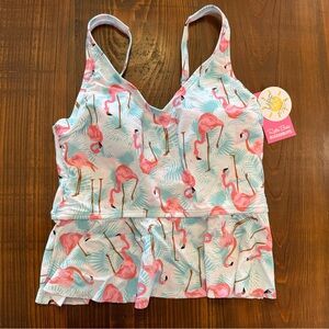 RuffleButts Women’s Peplum Tankini Top Size Medium in Vibrant Flamingo